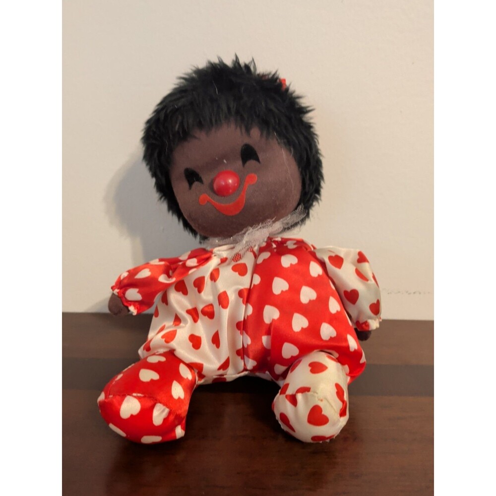 Vintage 1986 Wind Up Musical Poter Black Clown Doll with Hearts Works Very Rare